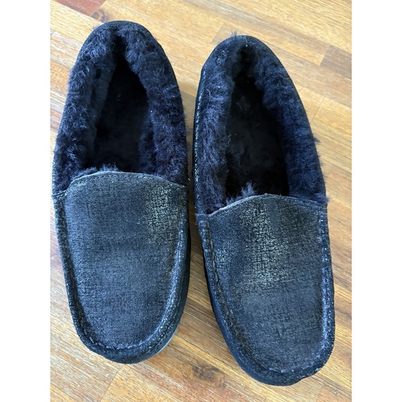 Abeo Leather Slippers Size 8 Black Leather Sparkle Moccasins Sheepskin Lining - Picture 2 of 16